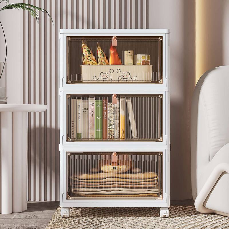 3 Tier Plastic Storage Bins Stackable Storage Containers with Wheels Folding Storage Boxes Closet Organizers - 3-Tier