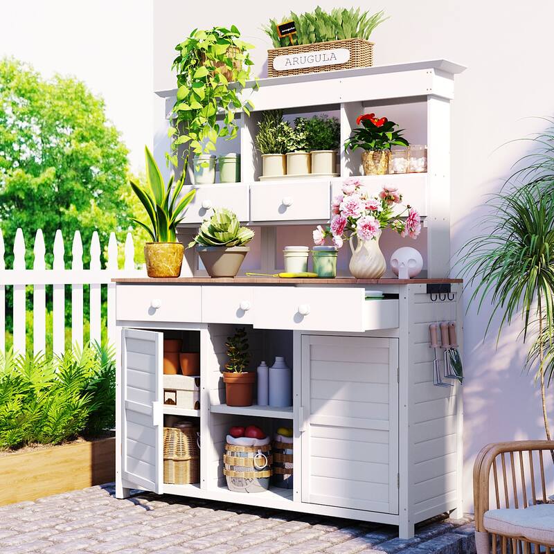 Outdoor Wood Workstation Table, Garden Potting Bench Table with Hutch, Storage Workstation with 2 Bottom Cabinets and Side Hooks - White