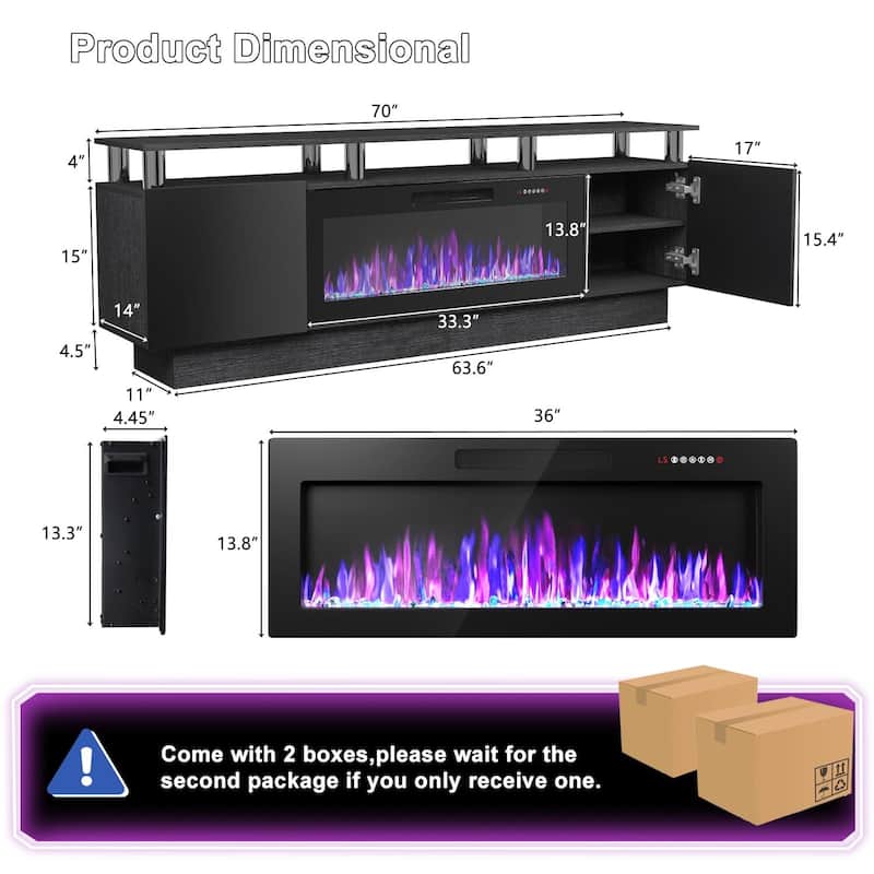 BOSSIN 70" Modern Electric Fireplace TV Stand, with Electronic Flame and LED Lights, High Gloss Finish Entertainment Center