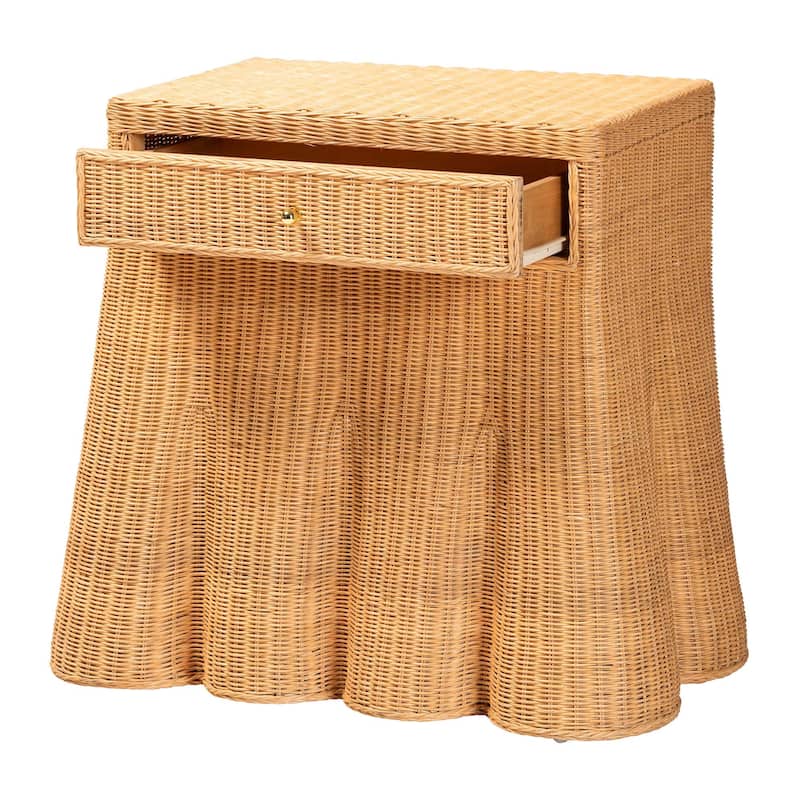 Chica Scalloped Natural Rattan Console Table with Drawer - Handwoven Wicker Accent Table with Flared Skirt, Coastal Boho Style