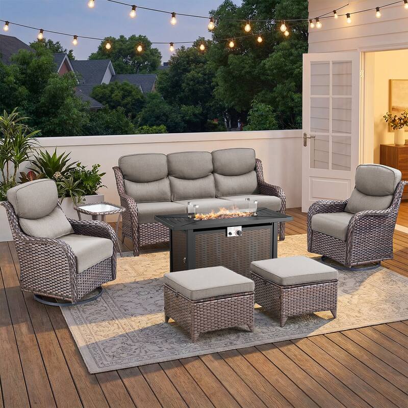 Pocassy 6/7 Piece Patio Sofa Swivel Chair Set with 43" Fire Pit Table - Brown Wicker Gray Cushion - 7-Piece Sofa Swivel Chair Ottoman w/ Fie Table