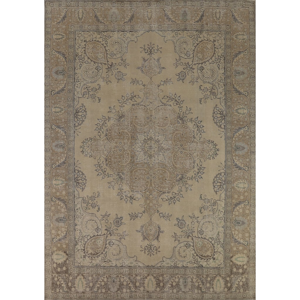 Medallion Tabriz Persian Vintage Rug Hand-Knotted Beige Wool Carpet - 9'7"x 12'4"