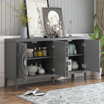 Gray Buffet Sideboard Cupboard Console Table, 4-doors Accent Storage Cabinets with Adjustable Shelves & Round Metal Handle
