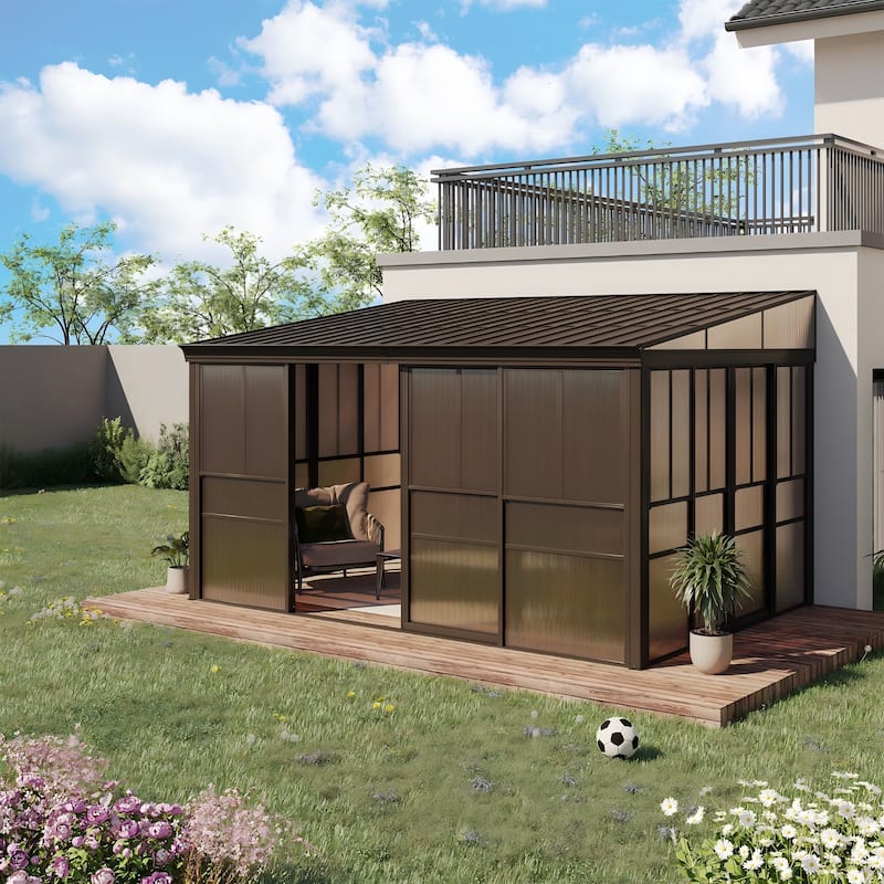Outdoor Solarium Sunroom,Patio Hardtop Gazebo,All-Season Aluminum Patio Gazebo with with Sliding Doors and Screens