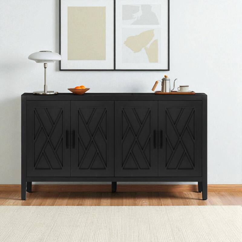 60" Farmhouse 4-Door Wood Accent Sideboard Buffet Cabinet with Adjustable Shelf for Kitchen and Entryway. - Antique Black