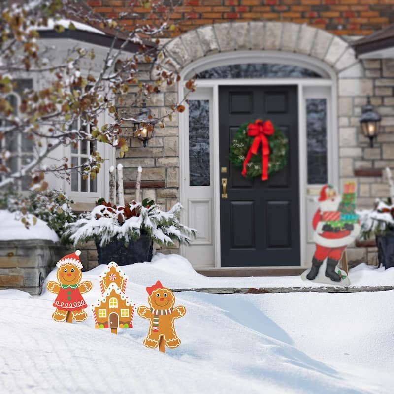 Glitzhome Set of 3 Christmas Wooden Gingerbread Man Yard Stake Garden Decorations