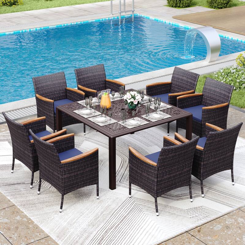 9 Pieces Patio Dining Set Outdoor Rattan Wicker Dining Furniture Set with Umbrella Hole - +Wood Armrest Chairs