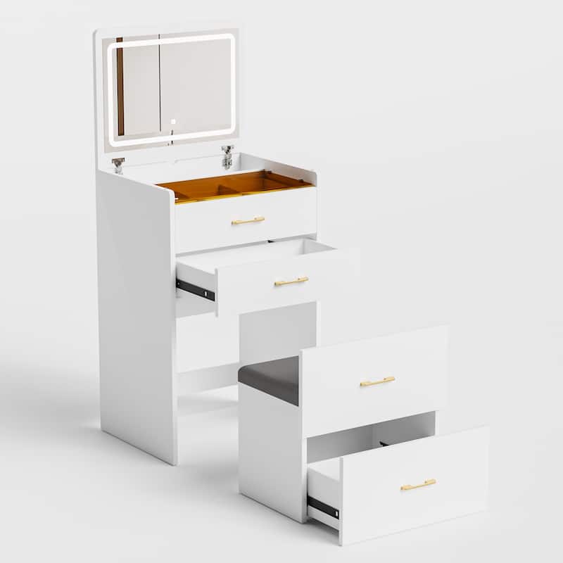 3 in 1 Vanity Desk with open Top Mirror,Make Up Vanity Set with Visible Glass Desktop,Makeup Vanity with 3 Drawers and stool