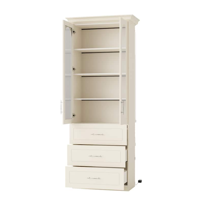 Modular Bookcase with LED Lights, Glass Door Storage Cabinet with Drawers, Large Display Shelving Unit Sideboard
