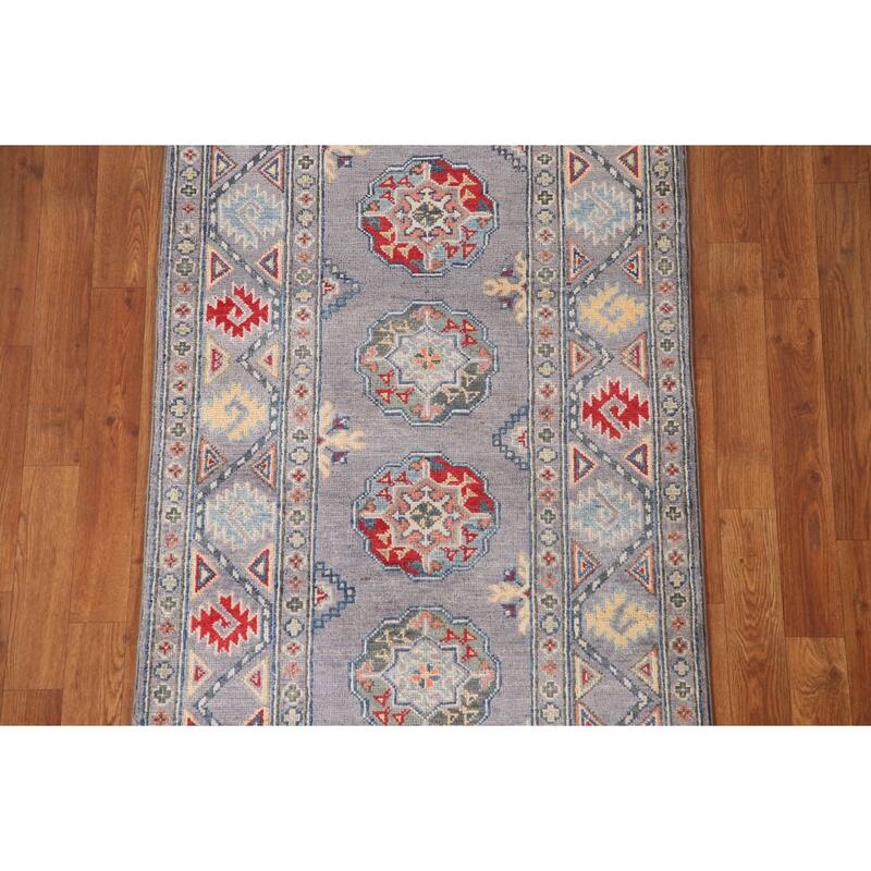 Geometric Gray Kazak Runner Rug Handmade Wool Carpet - 2'8" x 8'3"