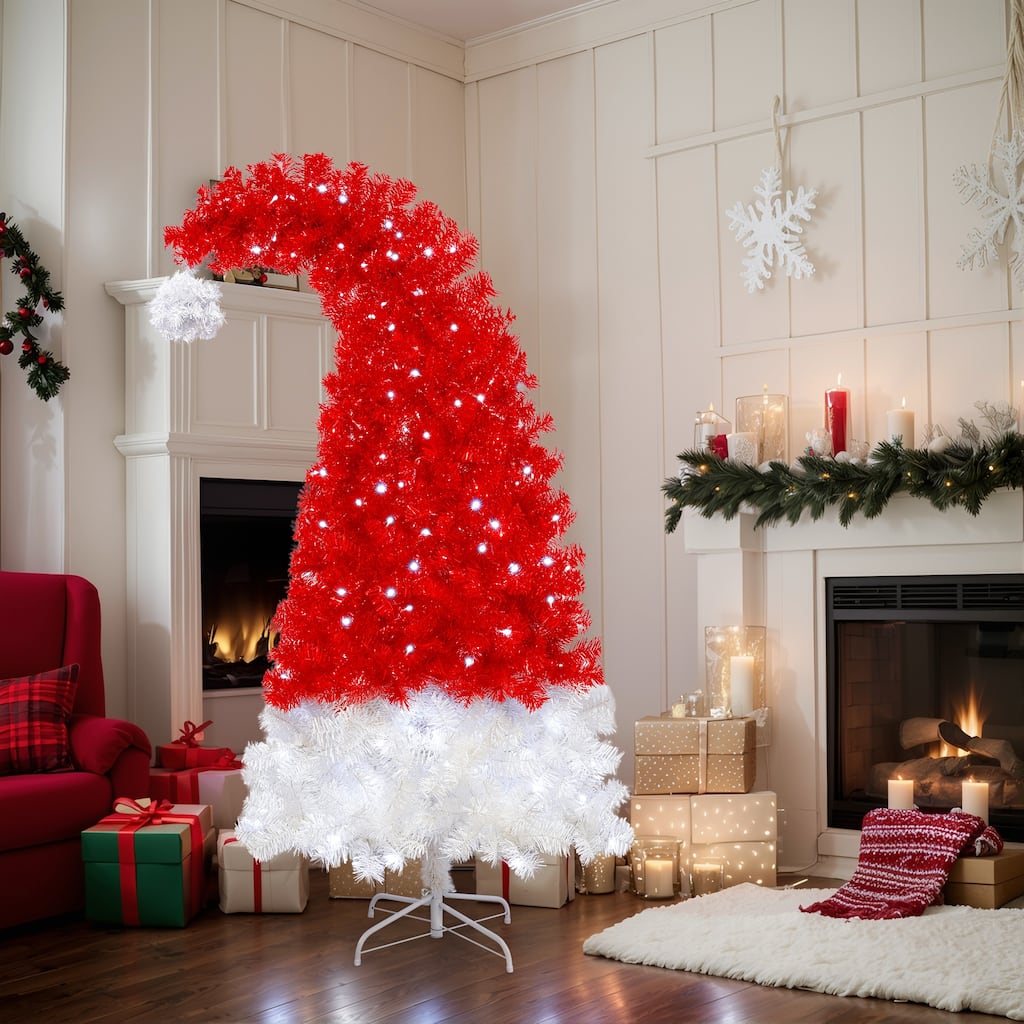 Pre-Lit Santa's Hat Artificial Tree - Curved Whimsical Design, LED Lights - Red,White