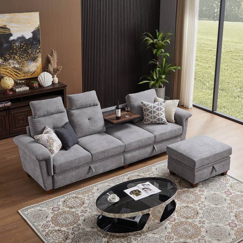 109" Modern 4 Seaters Towelling Sectional Sofa with Hidden Coffee Table Adjustable Headrest and Large Storage Space - Light Grey