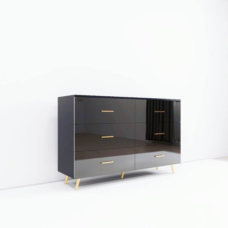 Modern Dresser Chest With 6 Drawers and Golden Handle，High Glossy Surface