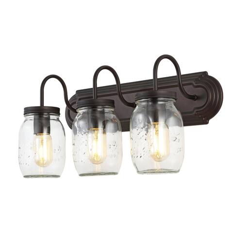 Gaines 19.3" 3-Light Farmhouse Industrial Iron Mason Jar LED Vanity, Oil Rubbed Bronze/Clear by JONATHAN Y - 3 Light