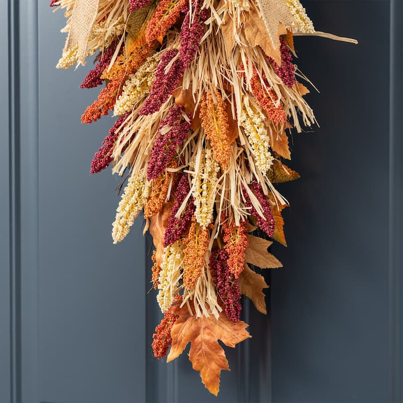 Glitzhome 26"H Fall Sunflower Pumpkin Lotus Leaf Teardrop Swag for Thanksgiving