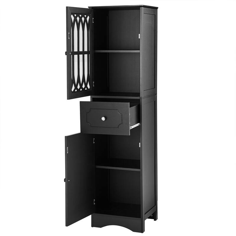 Freestanding Adjustable Storage Cabinet with Metal Knobs, Acrylic Panel Door Cabinet, Groove Pattern Drawer and Door Cabinet