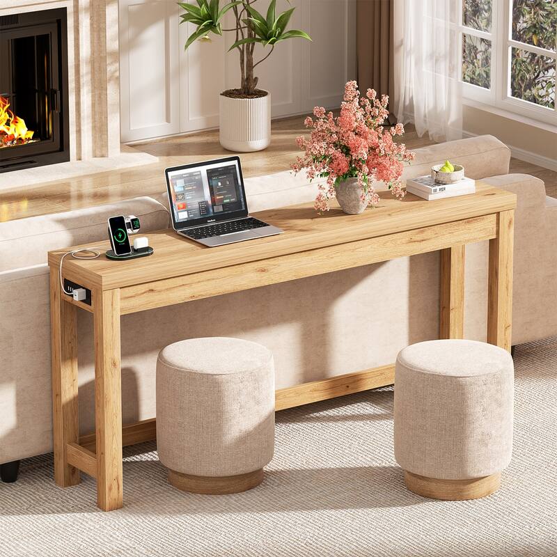 63-In Console Table with Charging Station, Farmhouse Entryway Table/ Behind Couch Table