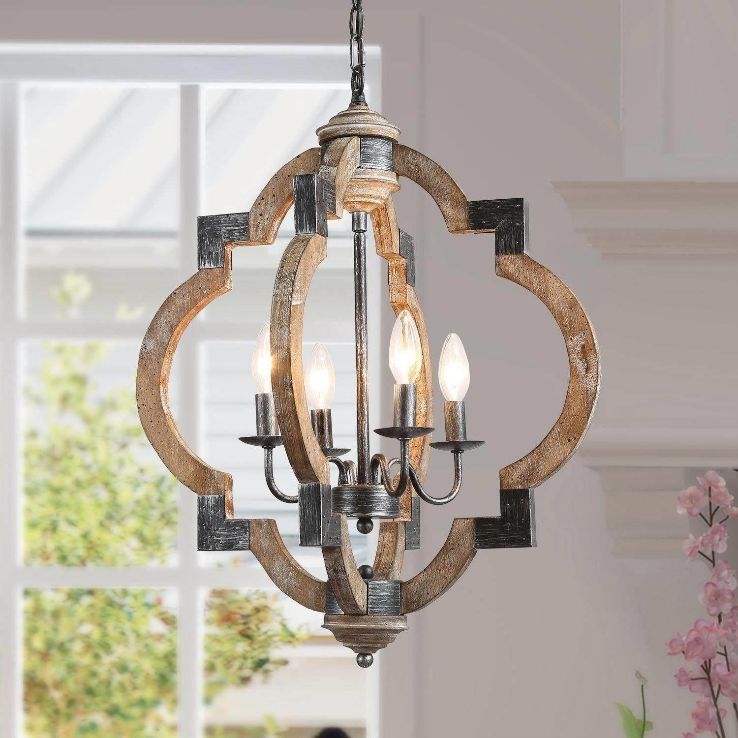 Modern Farmhouse Solid Wood Distressed Metal Lantern Chandelier for Dining Room Orb Cage Foyer Pendant