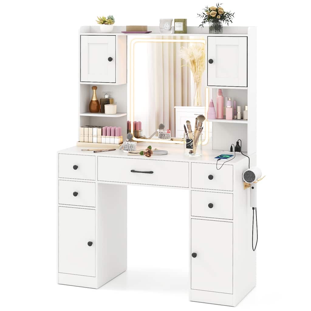 Gymax Makeup Vanity Desk w/ Lighted Mirror Charging Station 3-Color
