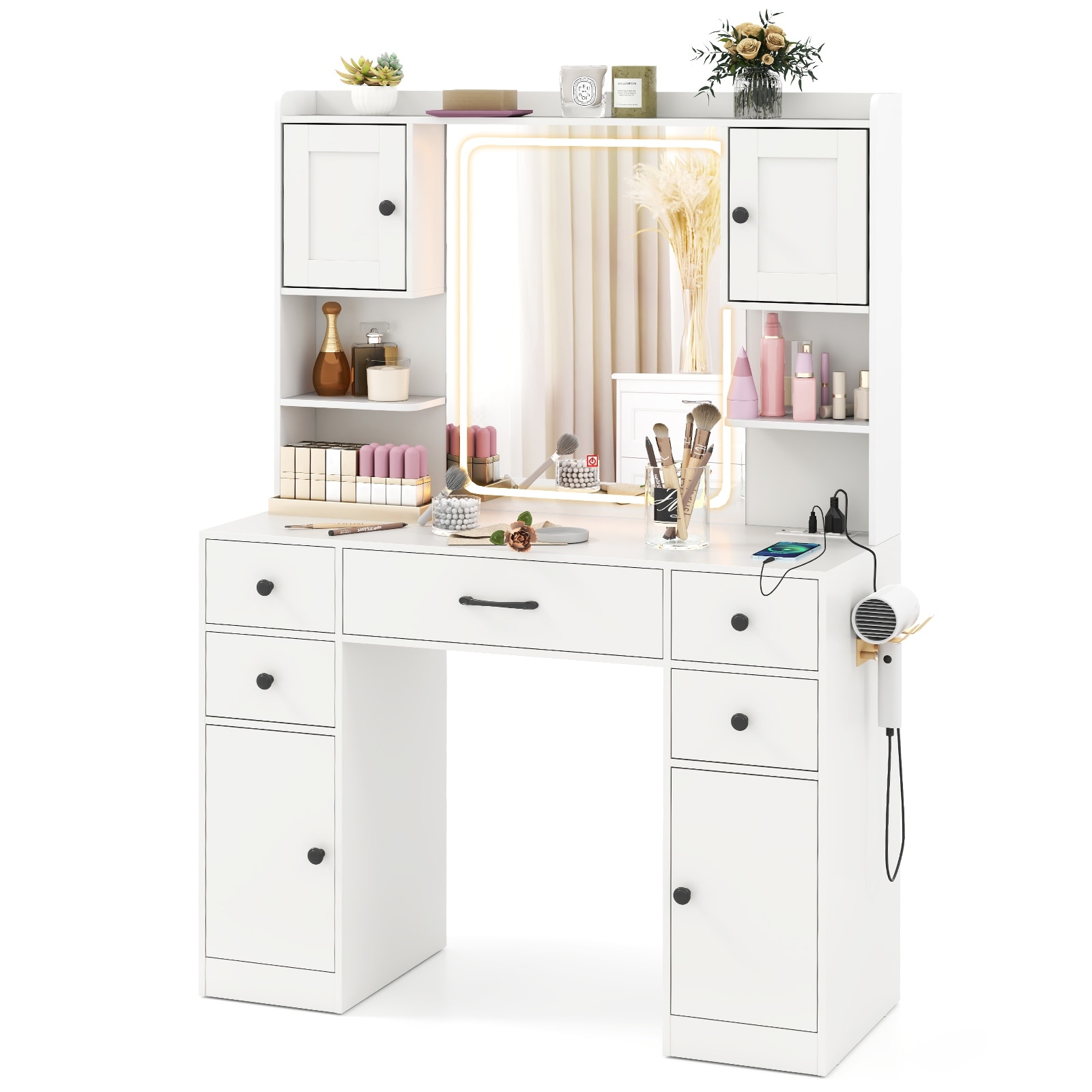Gymax Makeup Vanity Desk w/ Lighted Mirror Charging Station 3-Color