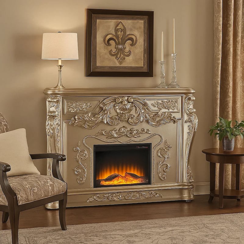 Esen LED Electric Fireplace, Scrolled Classical Silver Wood, 66 Inch