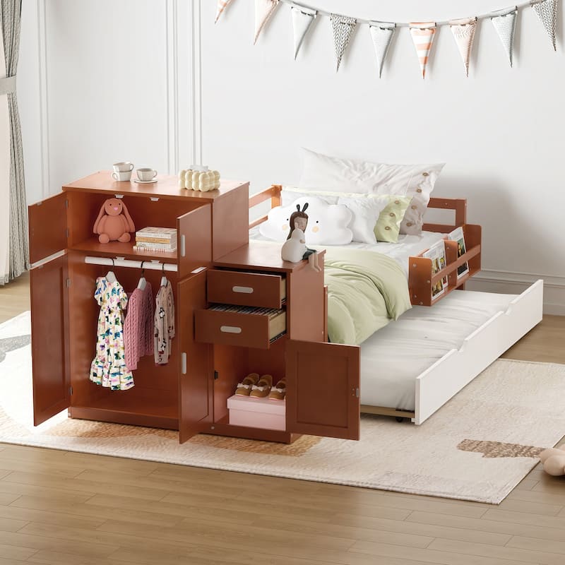 Multifunctional Twin Wood Platform Bed with Bookshelf, Wardrobe, and Trundle, Walnut Finish