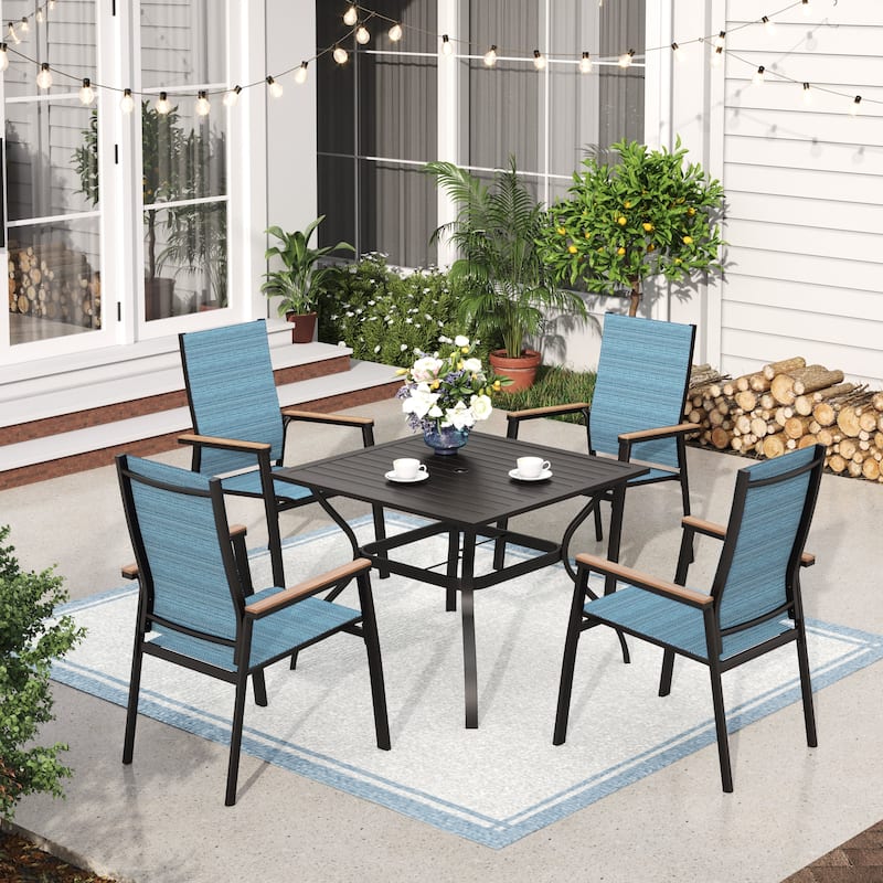 MAISON ARTS 5 Pieces Patio Dining Set, 4 x Aluminium Stackable Dining Chairs and 1 x Metal Table - Black - Blue