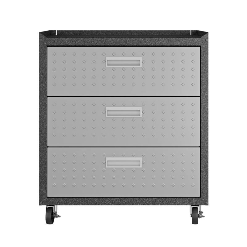 Fortress Textured Metal 31.5" Garage Mobile Chest with 3 Full Extension Drawers in Grey