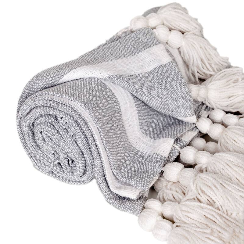 HomeRoots 50" X 60" Gray and White Woven Cotton Striped Throw Blanket with Tassels