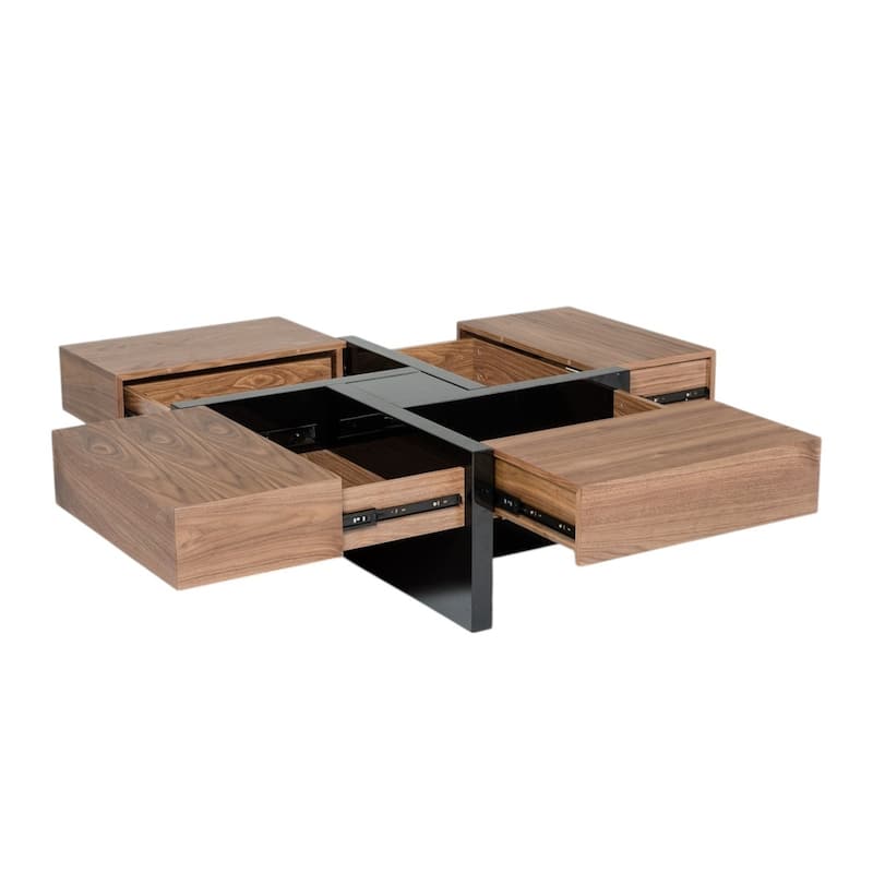 Modern Walnut and Black Square Coffee Table with Storage