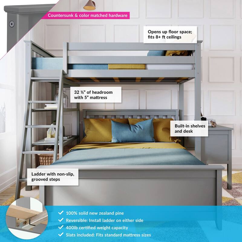 Max and Lily L Shaped Twin over Full Bunk Bed with Bookcase and Desk