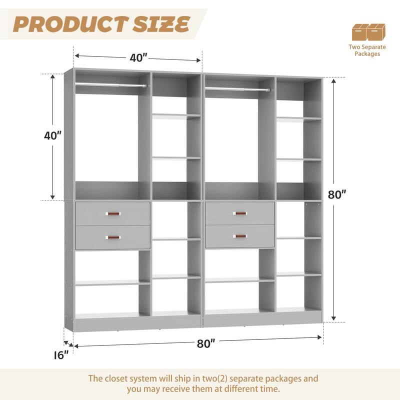 40'' Large Closet System with 10 Shelves and 2 Drawers, Freestanding Closet Organizer with Hanging Rods