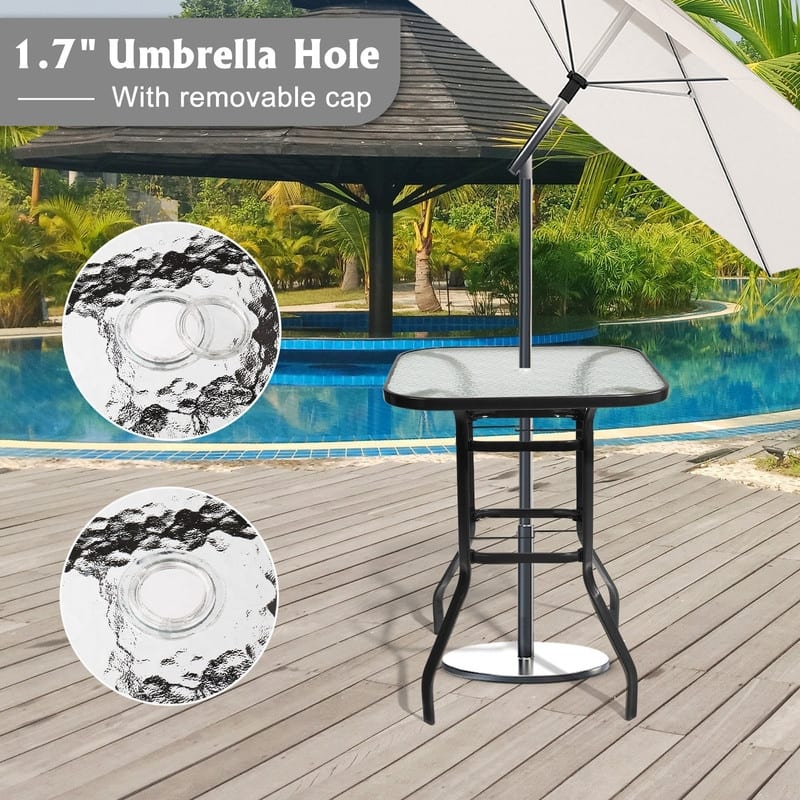 31 Inch Tempered Glass Tabletop Square Patio Bar Table with Umbrella Hole - N/A