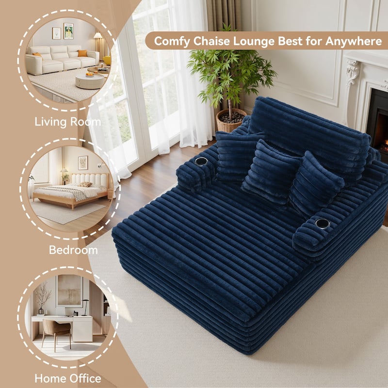Indoor Oversized Plush Chaise Lounge with Pillows and Cup Holder