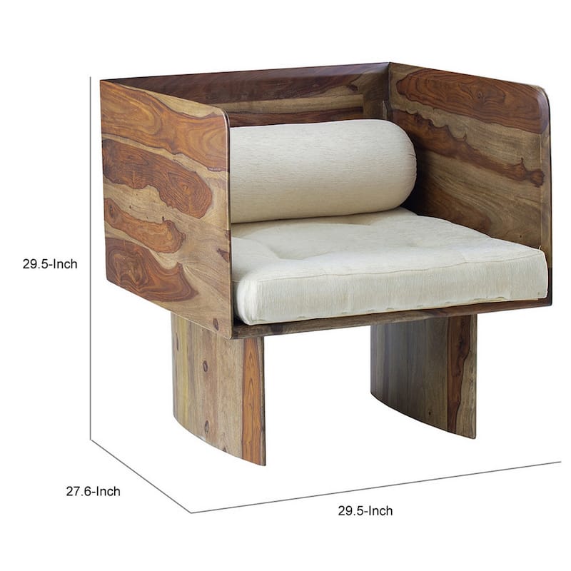 30 Inch Accent Chair, Panel-Style Legs, Tufted, Brown Wood, Beige Cotton