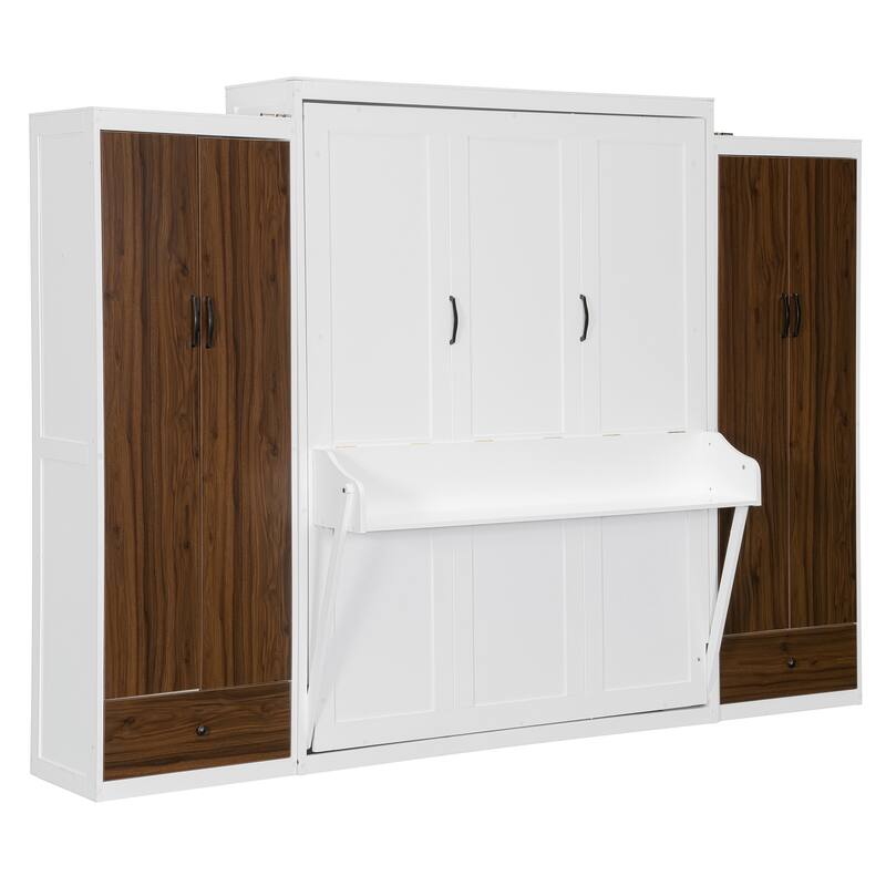 Full or Queen Murphy Bed Cabinet with Wardrobes, Drawers & Desk, Wood Foldable Storage Wall Bed w/Hydraulic Lifting & LED Light