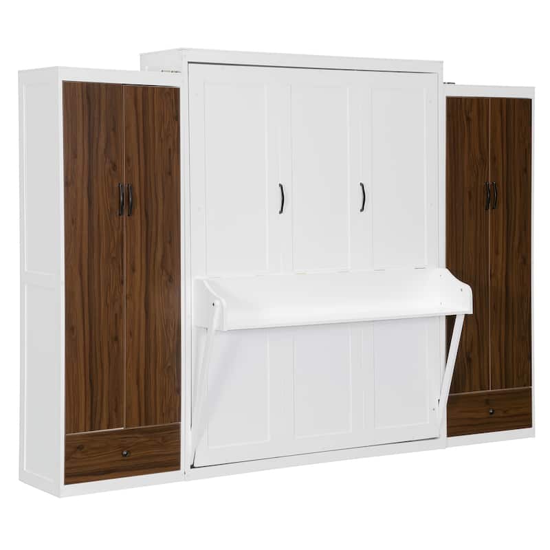 Roomfitters Full/Queen Size Murphy Bed with Closet, Table and Concealed Storage Compartments, Foldable Wall Frame