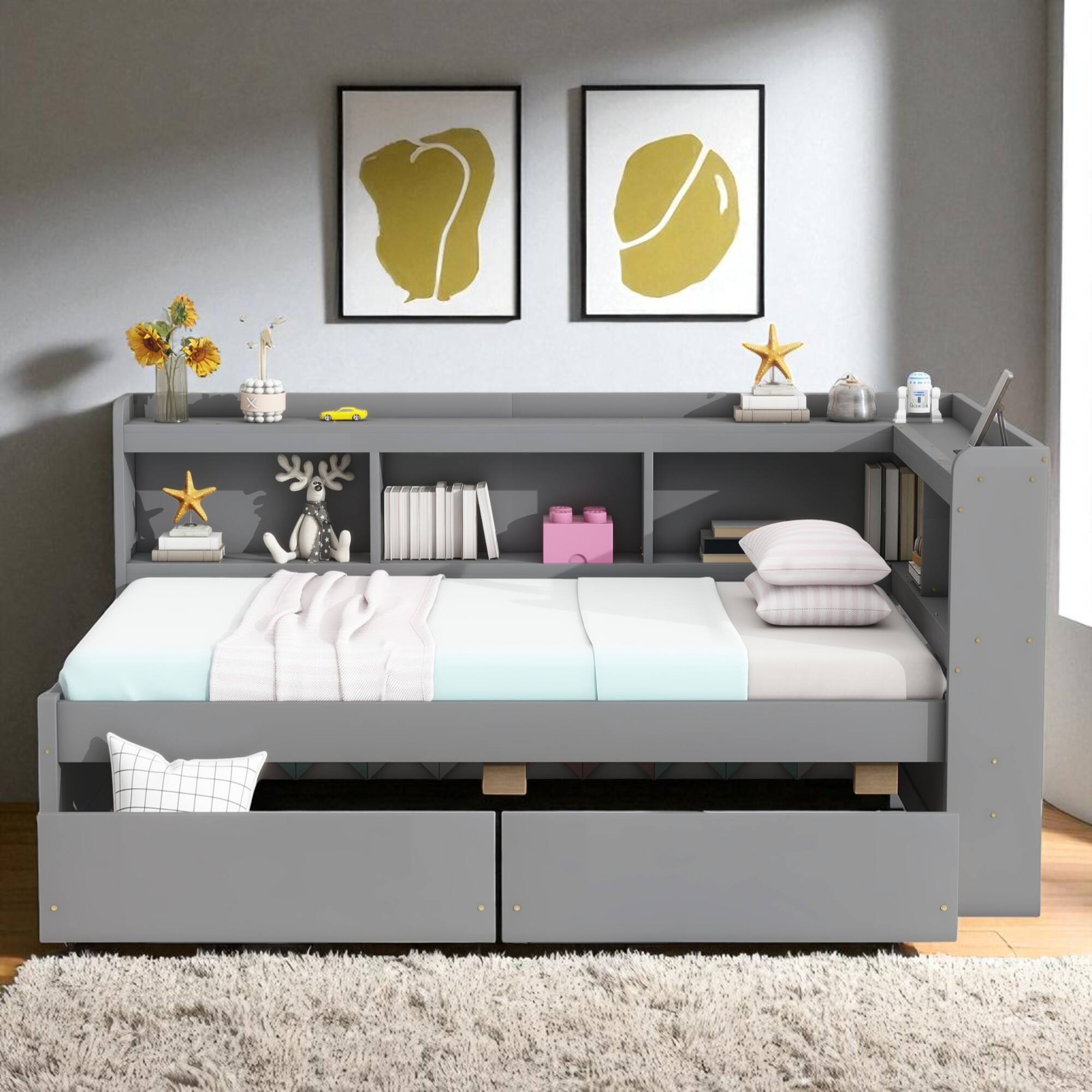 Twin Size Bed with L-Shaped Bookcase, USB Ports, Type-C Charging, Power Outlets, Drawers, Storage Headboard