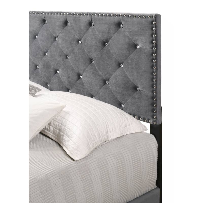 Grey Velvet Platform Bed with Nailhead Trim, Full Size