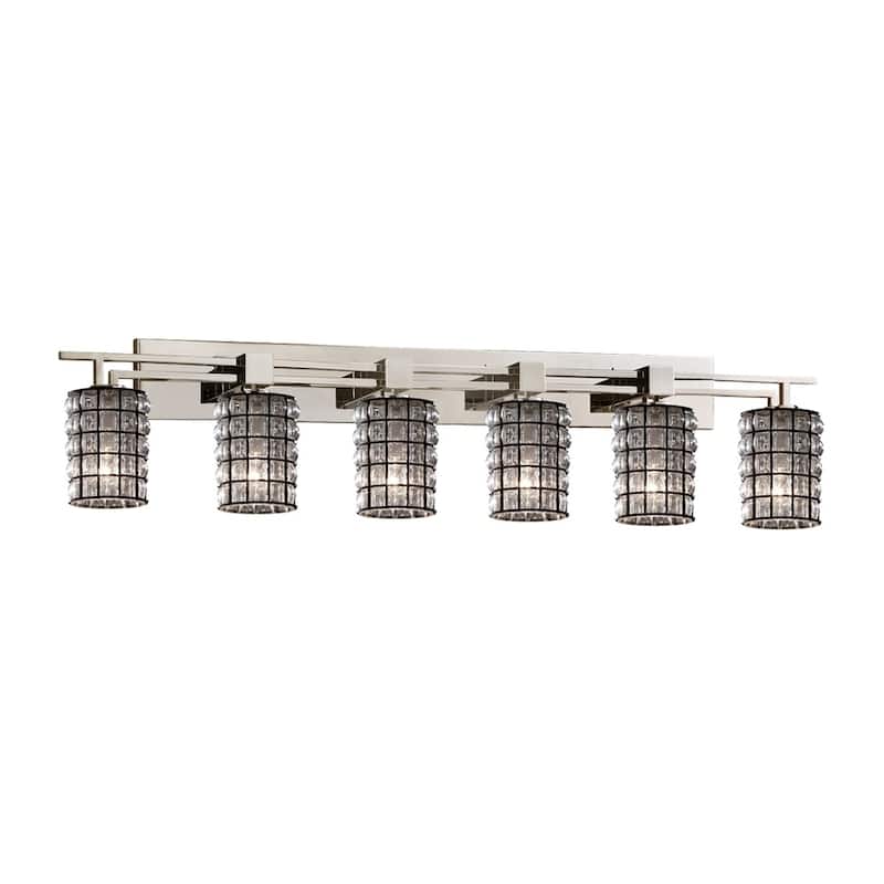 Justice Design Wire Glass Aero 6-Light Brushed Nickel Bath Bar, Grid with Clear Bubbles Cylinder w/ Flat Rim Shade - Brushed Nickel