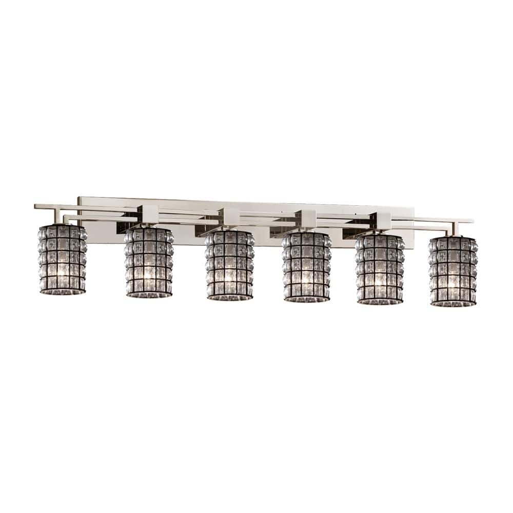 Justice Design Wire Glass Aero 6-Light Brushed Nickel Bath Bar, Grid with Clear Bubbles Cylinder w/ Flat Rim Shade