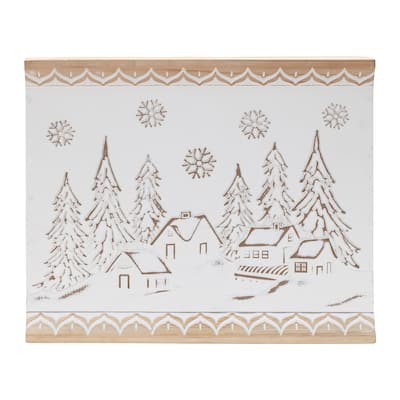 White and Beige Wooden Winter Village Wall Art with Snowflakes and Pine Trees Holiday Scene Decoration - 19”L x 2”W x 15.75”H