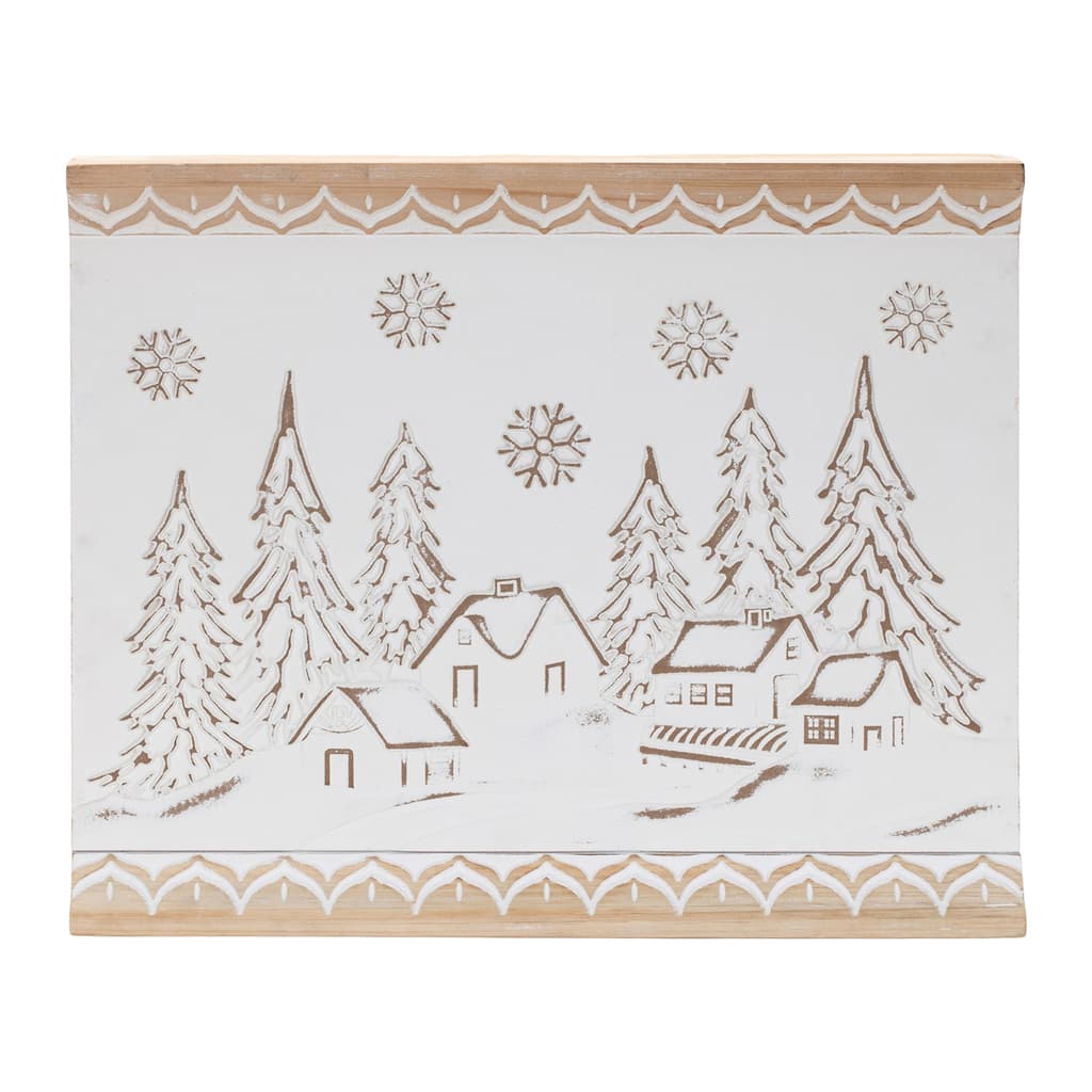 White and Beige Wooden Winter Village Wall Art with Snowflakes and Pine Trees Holiday Scene Decoration - 19”L x 2”W x 15.75”H