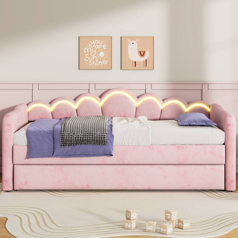 Twin XL Velvet Upholstered Daybed with Pull-Out Trundle and Wave Backrest LED Light