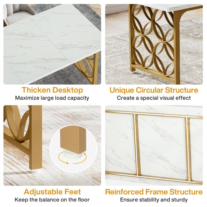 63-inch Modern Dining Table for 4-6 People, Rectangular Marble Dinner Table with Gold Metal Frame for Home Kitchen