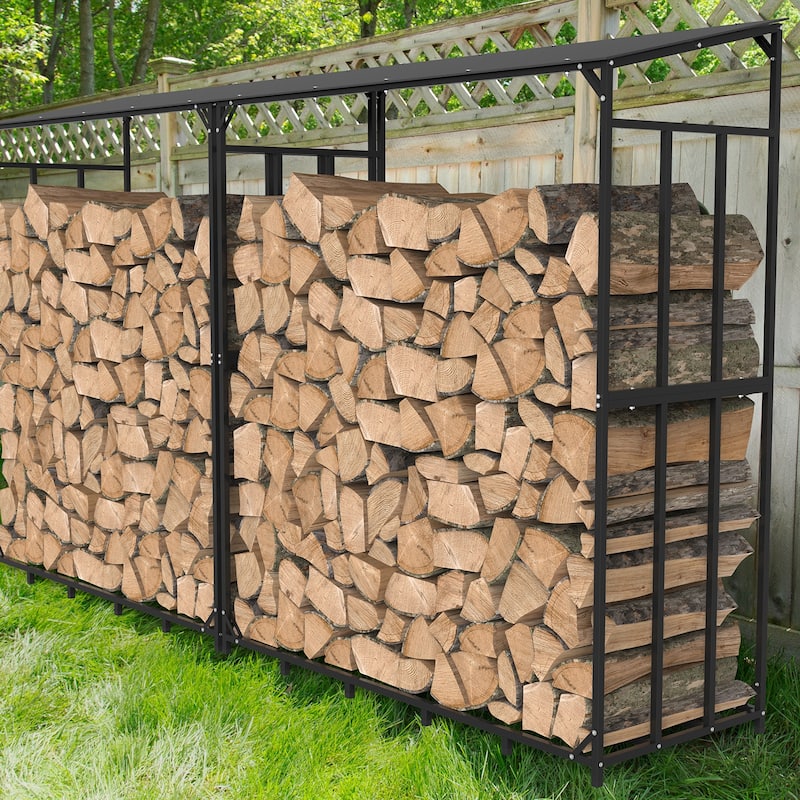 Tall Metal Firewood Wood Log Store Rack Storage Stand with Top Cover - 61.6" L x 23.6" W x 69.5" H