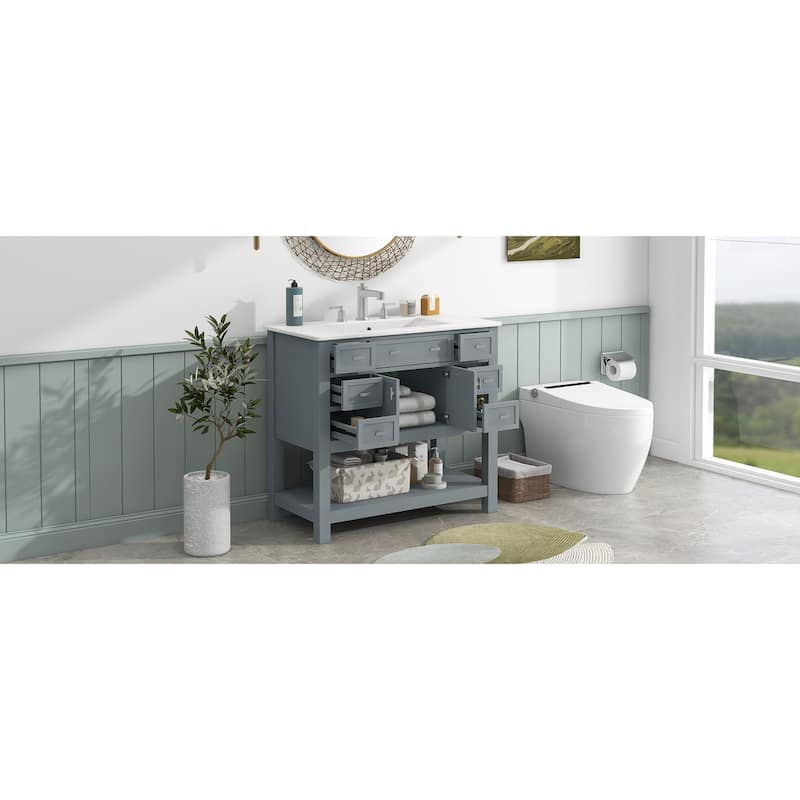 Bathroom Vanity with Sink, Freestanding Bathroom Storage Cabinet, Bathroom Vanities with 2 Doors, 6 Drawers & Open Shelf