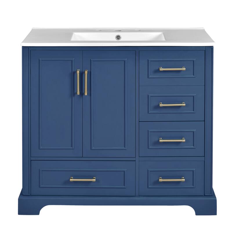 36" Traditional Bathroom Vanity with Ceramics Sink, Bathroom Cabinet with Two Soft Close Doors and Four Drawers