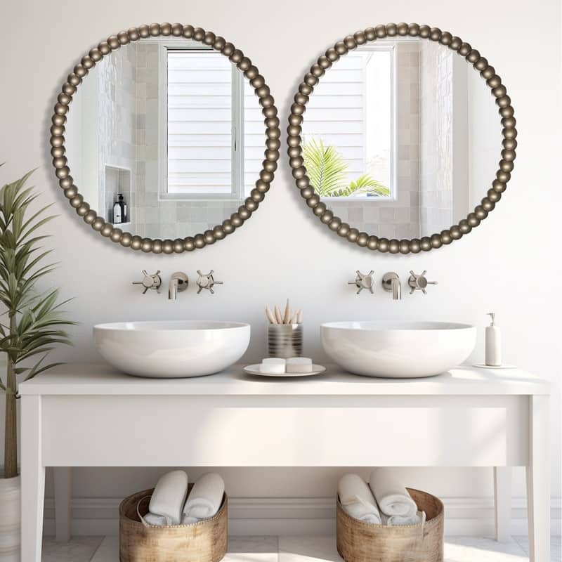 Antique Farmhouse Beaded Round Wall Mirror