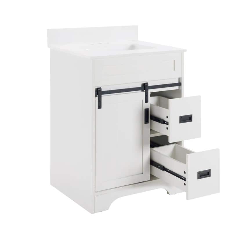 Freestanding White Farmhouse Bathroom Vanity Featuring A Single Undermount Sink Combo,Sliding Barn Doors,And Two Storage Drawers